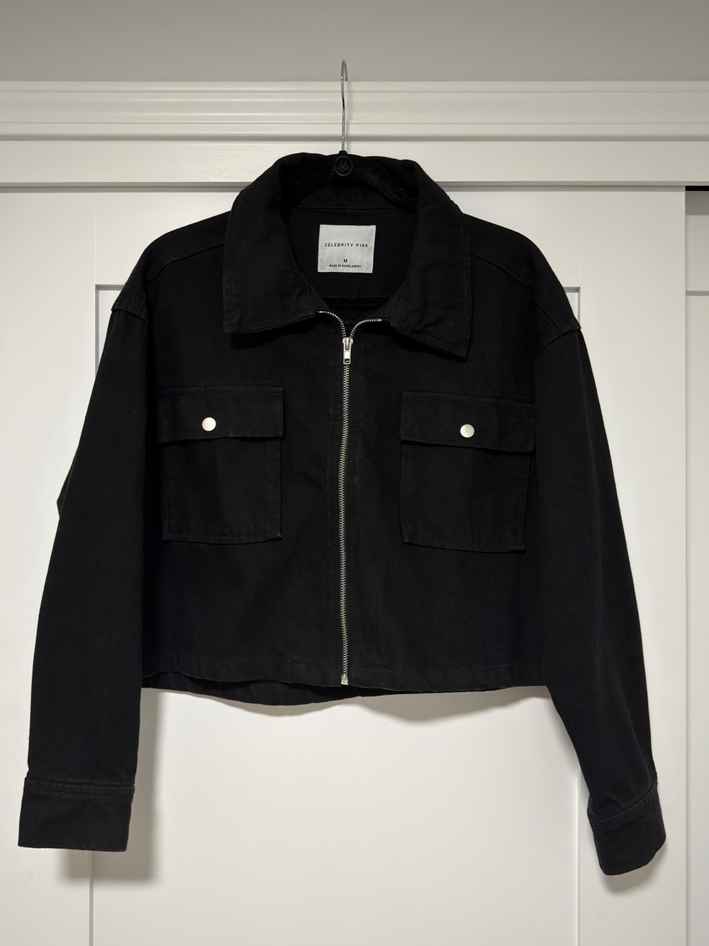 Black Cropped Zip-Front Jean Jacket
